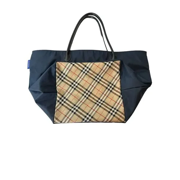 Burberrys Nova Check Blue Label Tote Bag Nylon Navy Blue - Picture 3 of 12